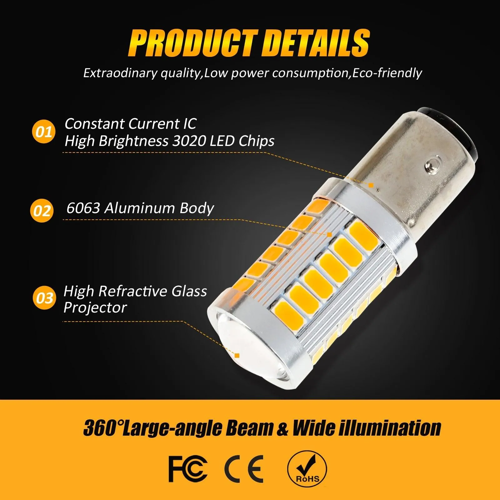 1157 BAY15D LED Side Maker/Turn Signal Rear/Front Light Bulbs 20W 4000LM 3500K Amber 33LED Series | 2 Bulbs