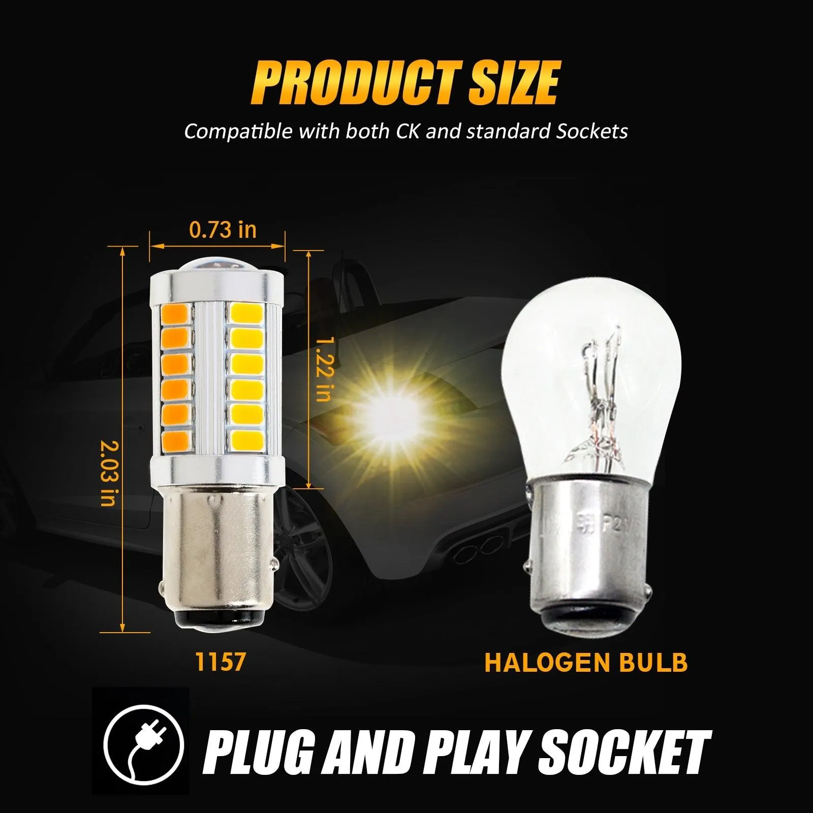 1157 BAY15D LED Side Maker/Turn Signal Rear/Front Light Bulbs 20W 4000LM 3500K Amber 33LED Series | 2 Bulbs