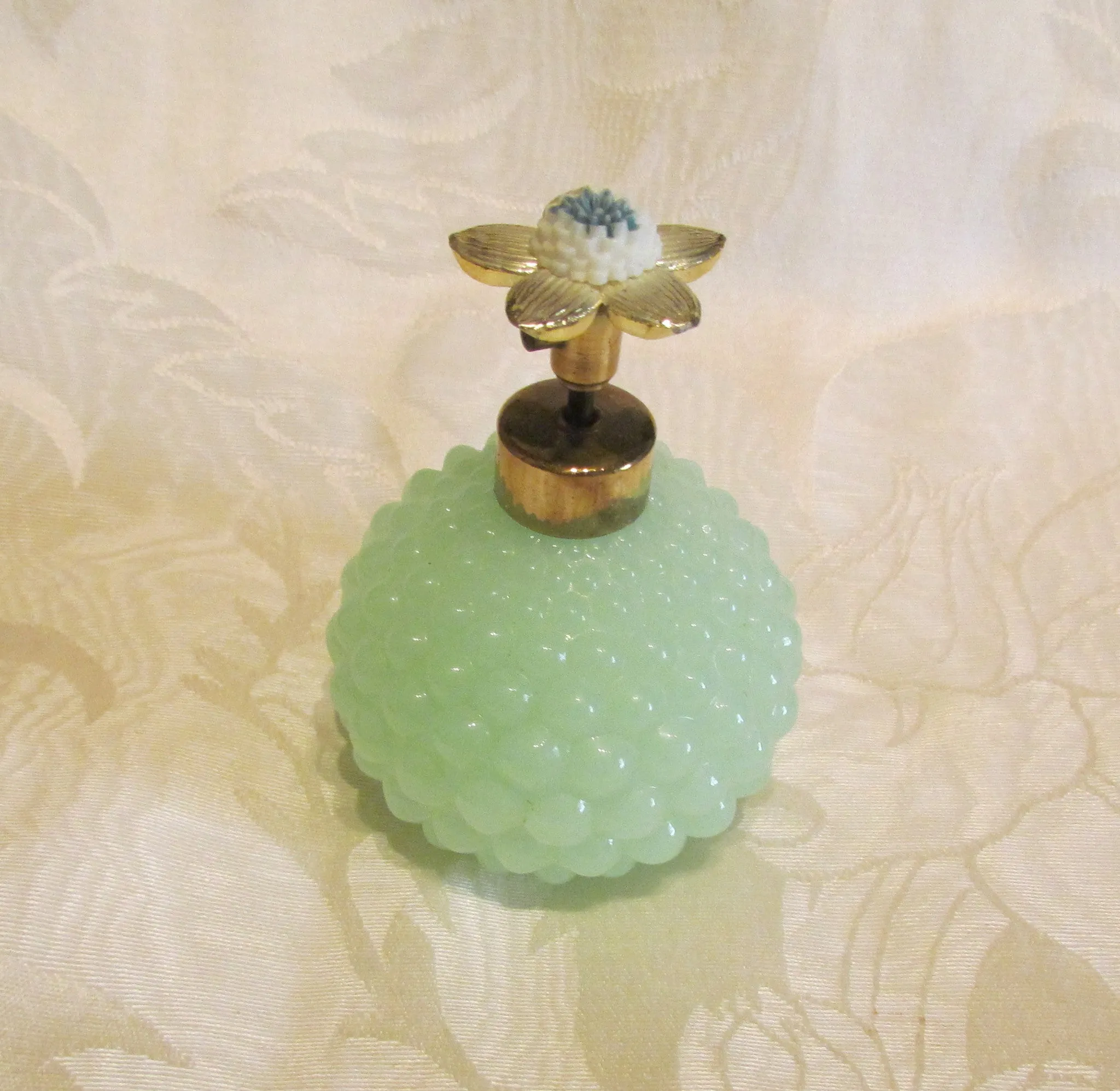 1940s Atomizer Perfume Bottle Green Hobnail Depression Glass Floral Top Excellent Working Condition