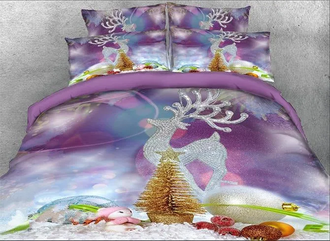 3D Christmas Ornaments and Reindeer Printed Cotton Luxury 4-Piece Bedding Sets/Duvet Covers