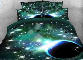 3D Galaxy and Celestial Body Printed Luxury 4-Piece Green Bedding Sets/Duvet Covers