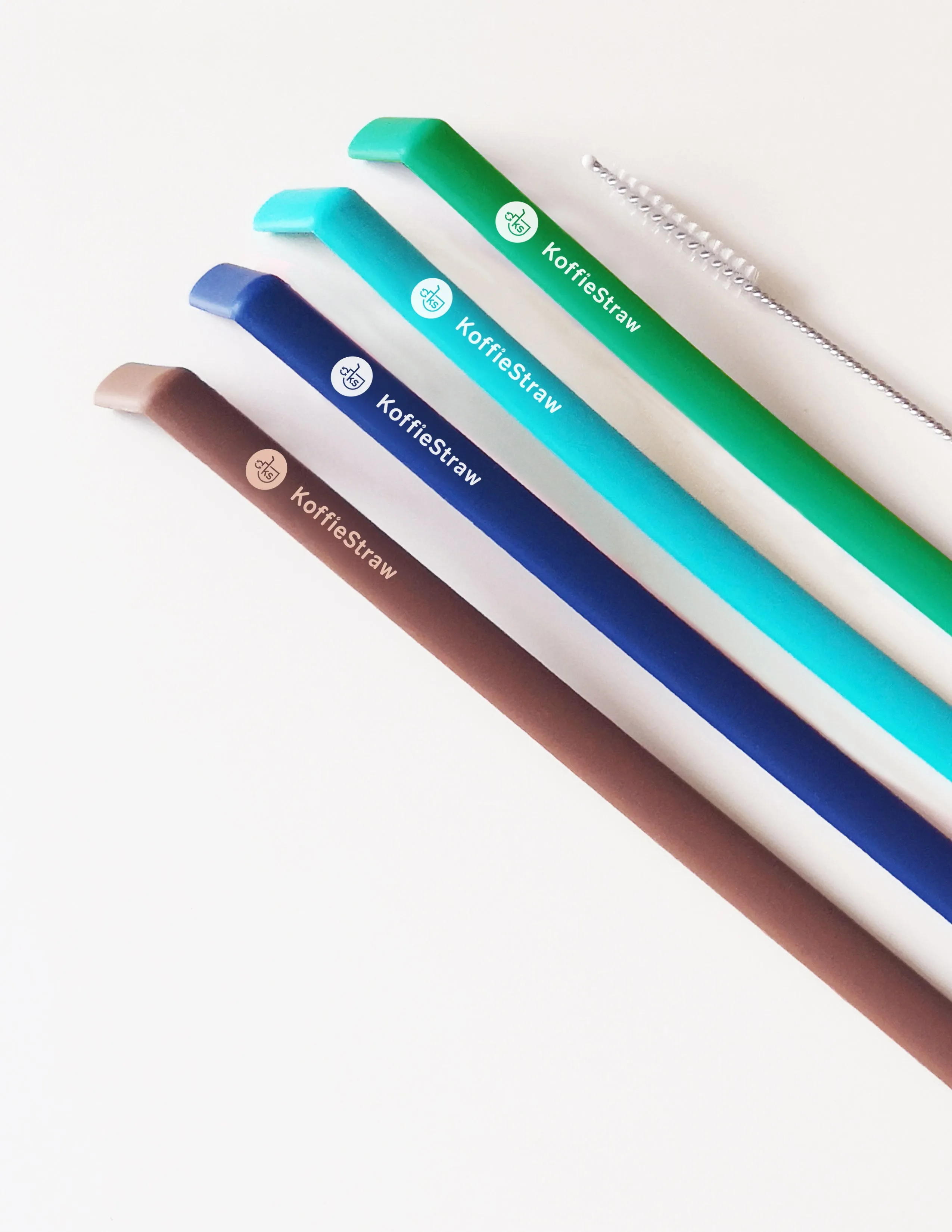 4-Pack of KoffieStraws: Green, Mocha, Navy, Surf,  (all 10") with stainless steel cleaning brush in compostable packaging