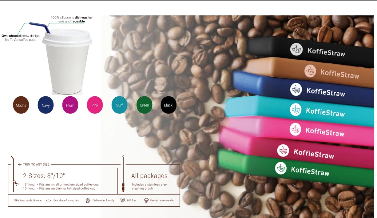 4-Pack of KoffieStraws: Green, Mocha, Navy, Surf,  (all 10") with stainless steel cleaning brush in compostable packaging