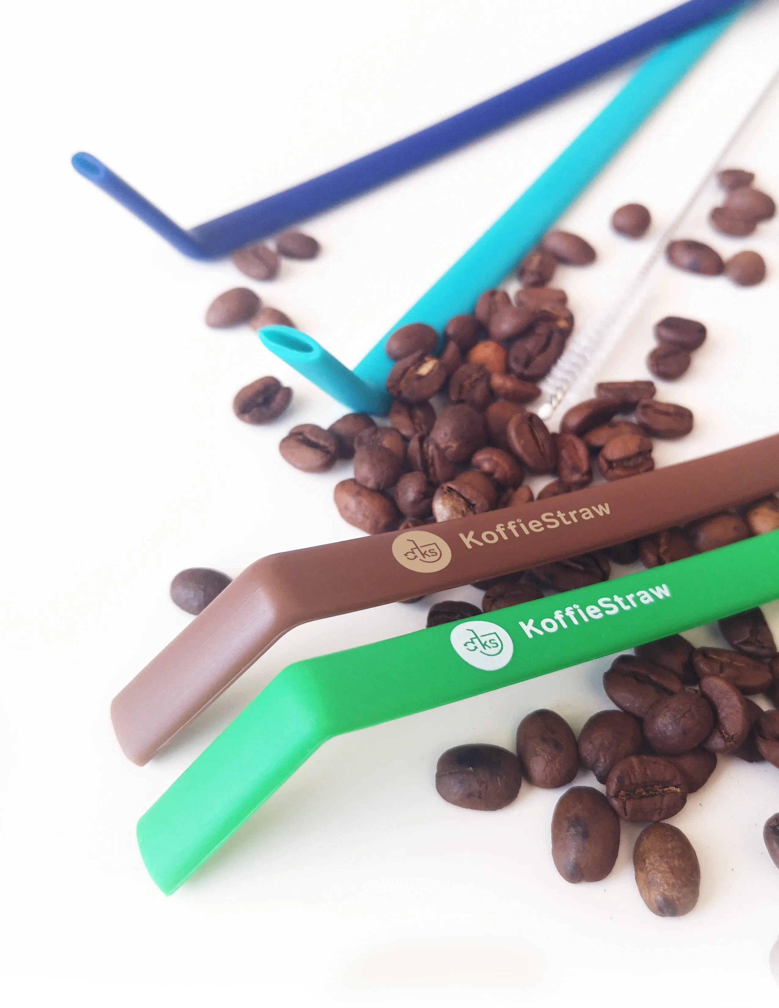 4-Pack of KoffieStraws: Green, Mocha, Navy, Surf,  (all 10") with stainless steel cleaning brush in compostable packaging