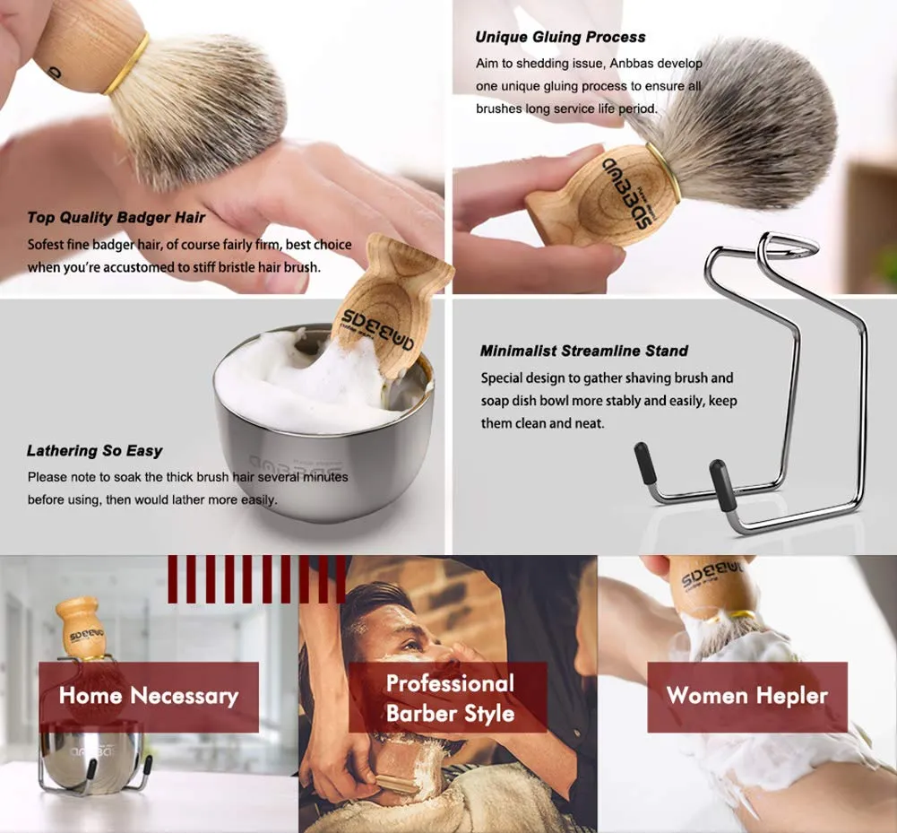 4IN1 Badger Shaving Brush Set with Stand and Shaving Bowl Perfect for Men Gift