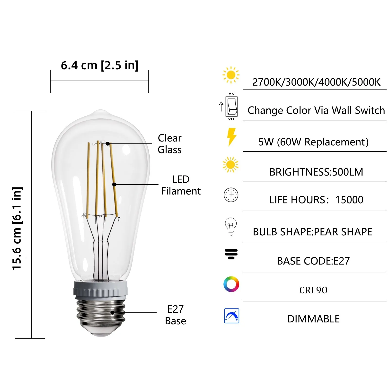 4PACK LED Filament Bulb 5W Equivalent 60W CCT Switch Control Dimmable