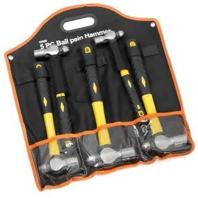 5-Pieces Ball Pein Hammer Set 8, 12, 16, 24 and 32 oz Fiberglass & Carbon Steel for Metal Rivet, Chisel, Punch with Pouch