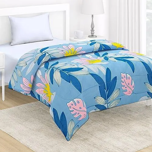 AC Comforter and Bedding Set for Single Bed, Sky Blue Tropical leaves