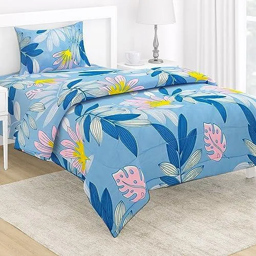 AC Comforter and Bedding Set for Single Bed, Sky Blue Tropical leaves