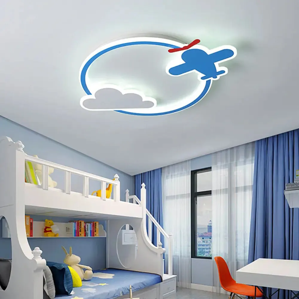 Blue & White Nursery Flush Mount Light - Metal LED Ceiling Fixture for Kids' Room