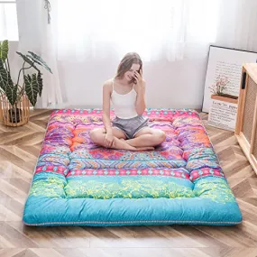 Bohemian Retro Floor Mattress Boho Floral Style Japanese Futon Mattress Tatami Floor Mat Foldable Bed Portable Camping Mattress Sleeping Pad Floor Lounger Couch Bed Twin Size