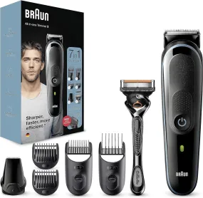 Braun 7-in-1 All-In-One Series 3, Male Grooming Kit With Beard Trimmer, Hair Clippers, Gillette Razor & Precision Trimmer, 5 Attachments, Gifts For Men, UK 2 Pin Plug, MGK3245, Black/Blue Razor