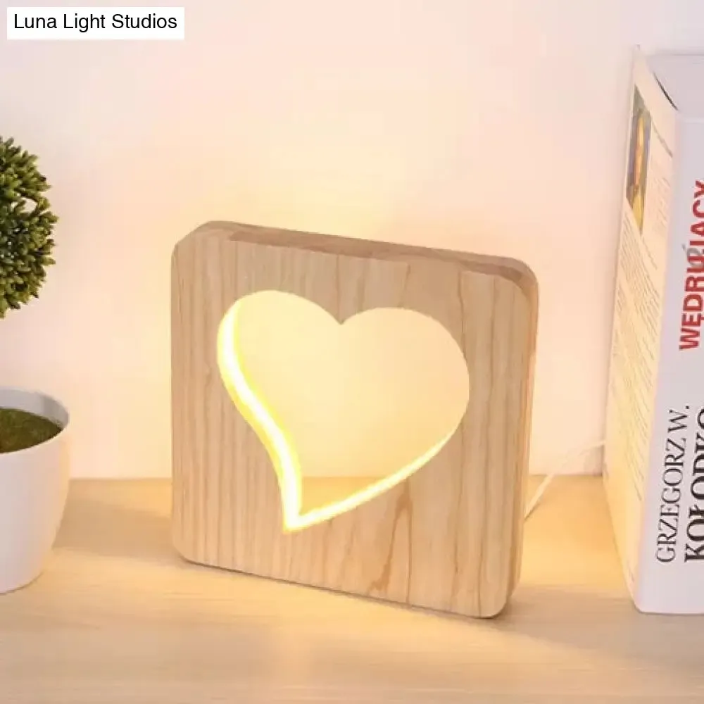 Charming Beige Dorm Bedroom Desk Lamp with Heart Wood Embellishment