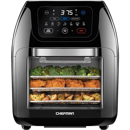 CHEFMAN Multifunctional Digital Air Fryer  Rotisserie, Dehydrator, Convection Oven, 17 Touch Screen Presets Fry, Roast, Dehydrate, Bake, XL 10L Family Size, Auto Shutoff, Large Easy-View Window, Black