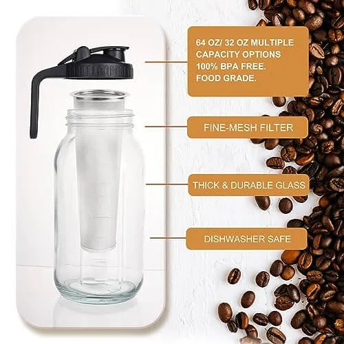 Cold Brew Crafter: Leak-Proof Mason Jar with Filter 64oz