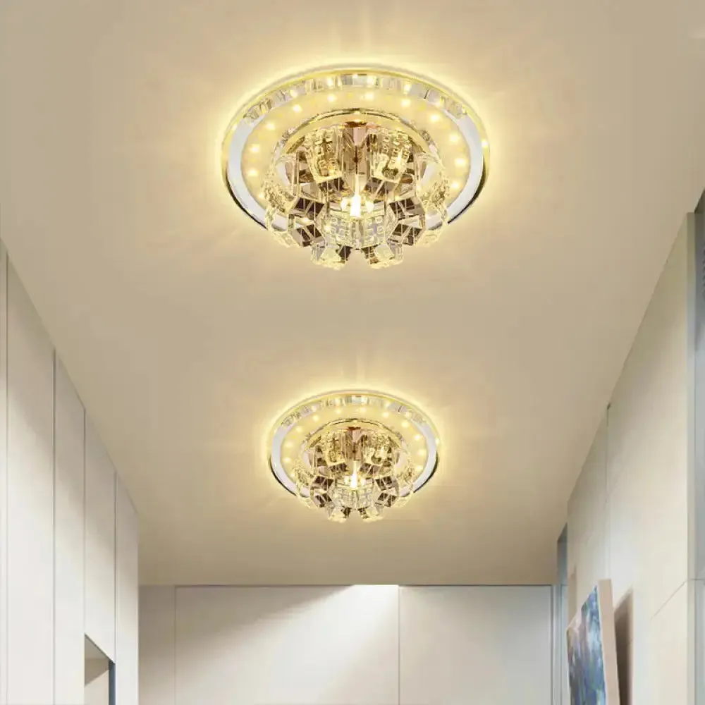 Contemporary Crystal LED Ceiling Light: Round Flush Mount in Chrome