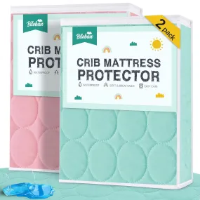 Crib Mattress Protector/ Pad Cover - 2 Pack, Quilted Microfiber, Waterproof, Aqua & Pink (for Standard Crib/ Toddler Bed)