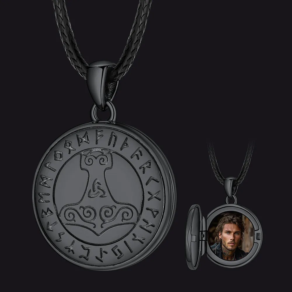 Customized Viking Thor's Hammer Photo Locket Necklace with Runes for Men