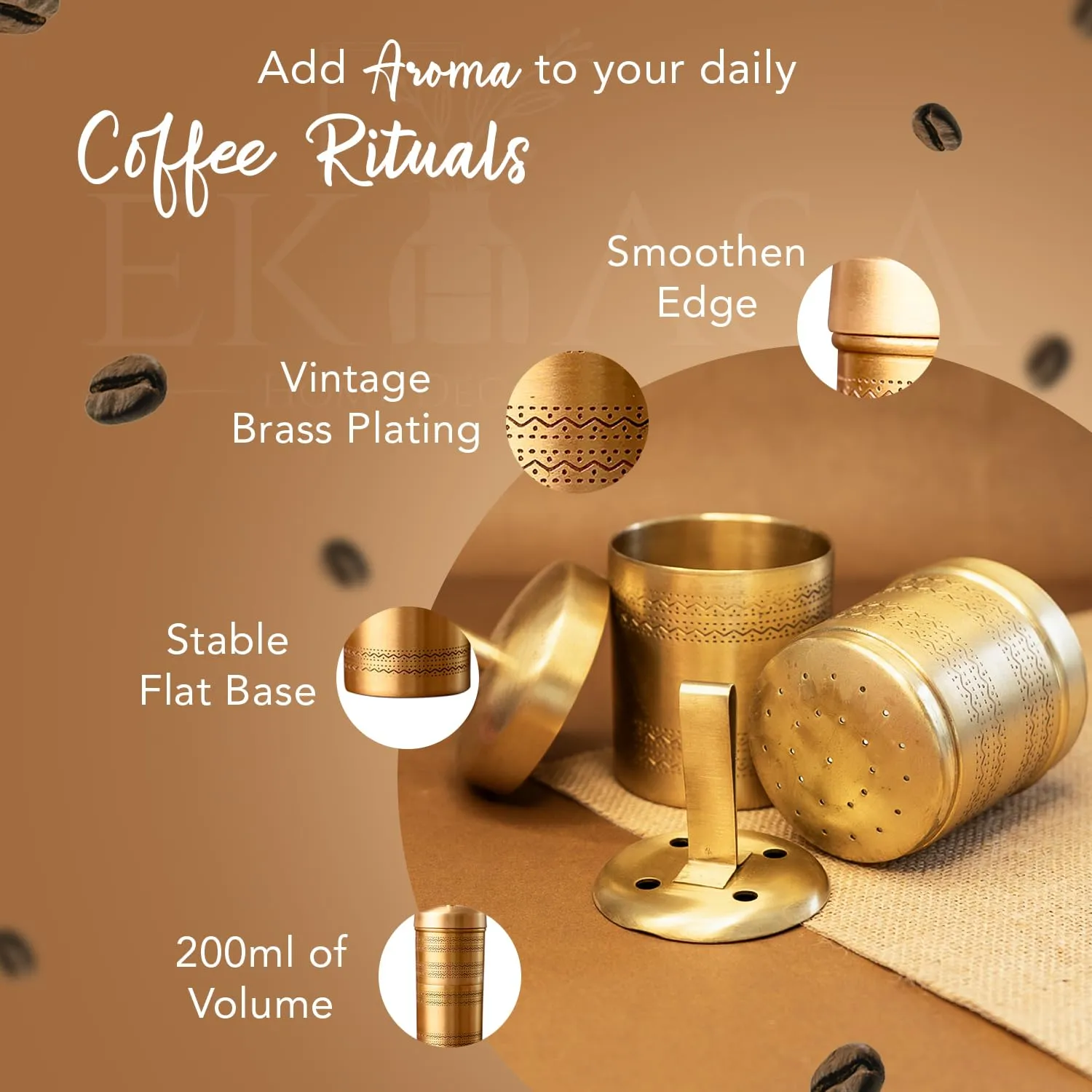 Ekhasa 100% Pure Brass Filter Coffee Maker for Home & Office | South Indian Filter Coffee Maker | Drip Coffee Maker | Coffee Decoction Maker Filter Coffee Machine Brewer | Ideal for 2-3 people