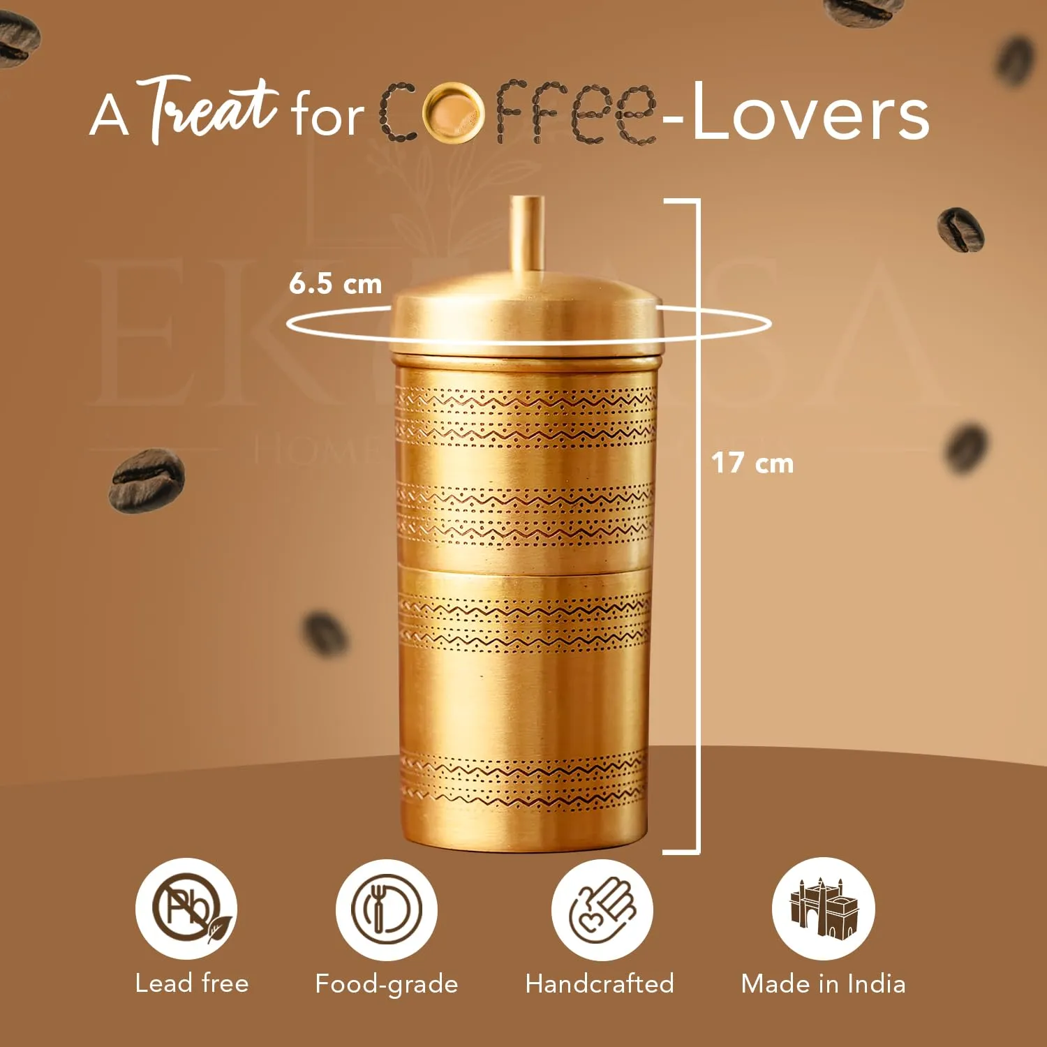 Ekhasa 100% Pure Brass Filter Coffee Maker for Home & Office | South Indian Filter Coffee Maker | Drip Coffee Maker | Coffee Decoction Maker Filter Coffee Machine Brewer | Ideal for 2-3 people