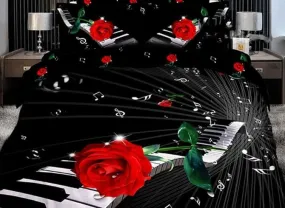 Elegant Piano with Red Rose 3D Print Luxury 4-Piece Cotton Duvet Cover Sets