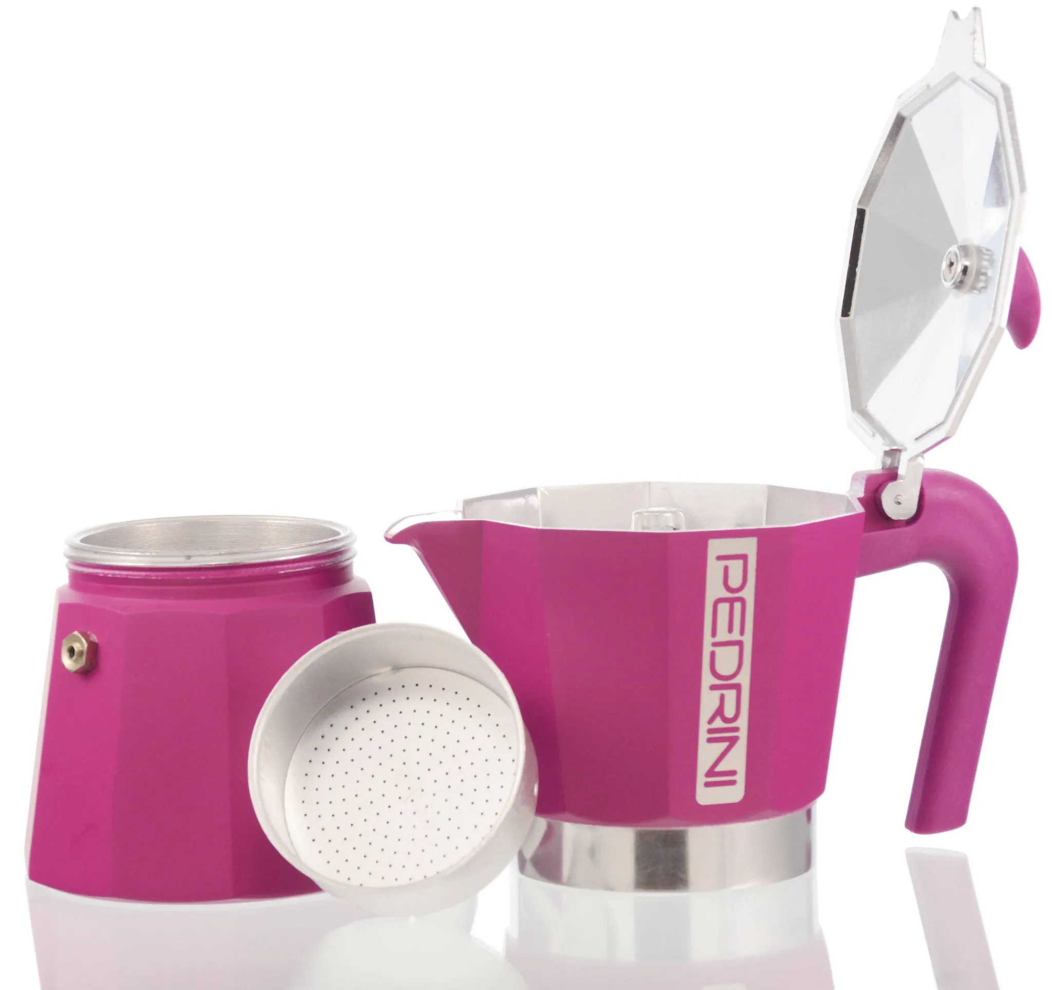 Espresso Coffee Maker Moka Pot: PEDRINI ITALY Polished Aluminium Stovetop Espresso Maker - Pink, available in 4 sizes