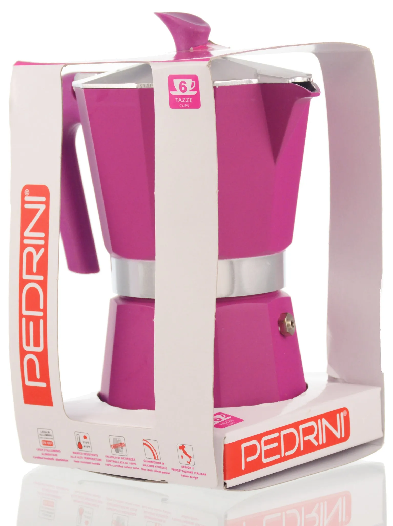 Espresso Coffee Maker Moka Pot: PEDRINI ITALY Polished Aluminium Stovetop Espresso Maker - Pink, available in 4 sizes