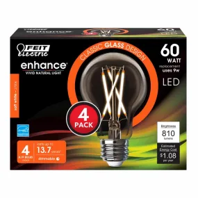 Feit Enhance A19 E26 (Medium) Filament LED Bulb Soft White 60 Watt Equivalence 4 pk