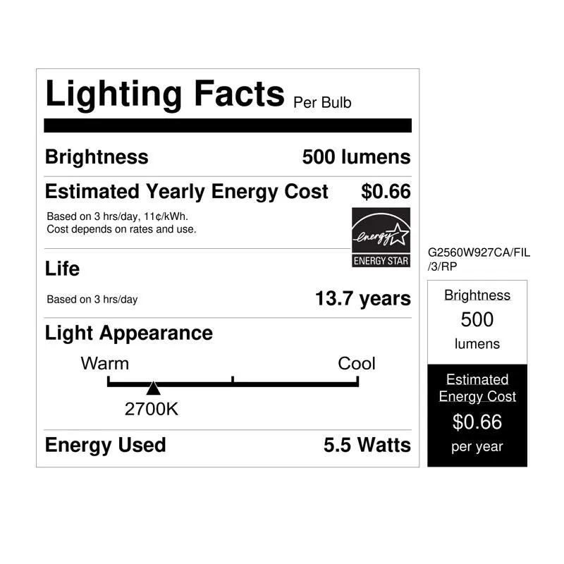 Feit Enhance G25 E26 (Medium) Filament LED Bulb Soft White 60 Watt Equivalence 3 pk