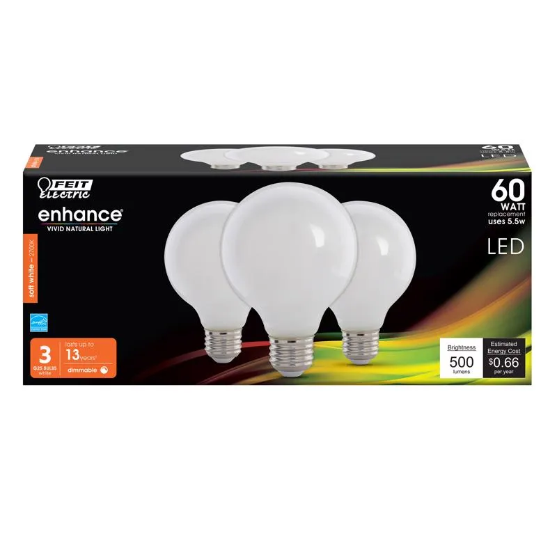 Feit Enhance G25 E26 (Medium) Filament LED Bulb Soft White 60 Watt Equivalence 3 pk