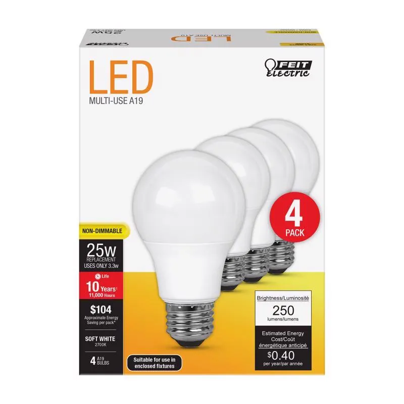 Feit LED A19 E26 (Medium) LED Bulb Soft White 25 Watt Equivalence 4 pk