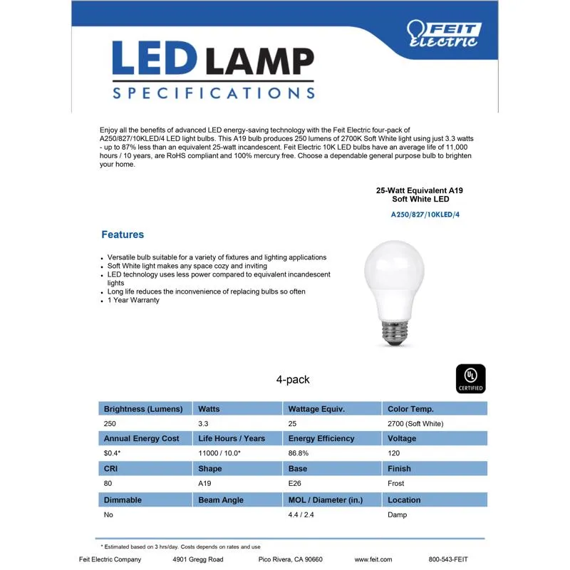 Feit LED A19 E26 (Medium) LED Bulb Soft White 25 Watt Equivalence 4 pk