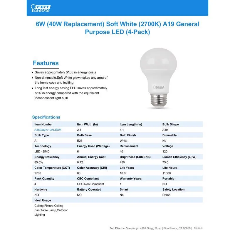 Feit LED A19 E26 (Medium) LED Bulb Soft White 40 Watt Equivalence 4 pk