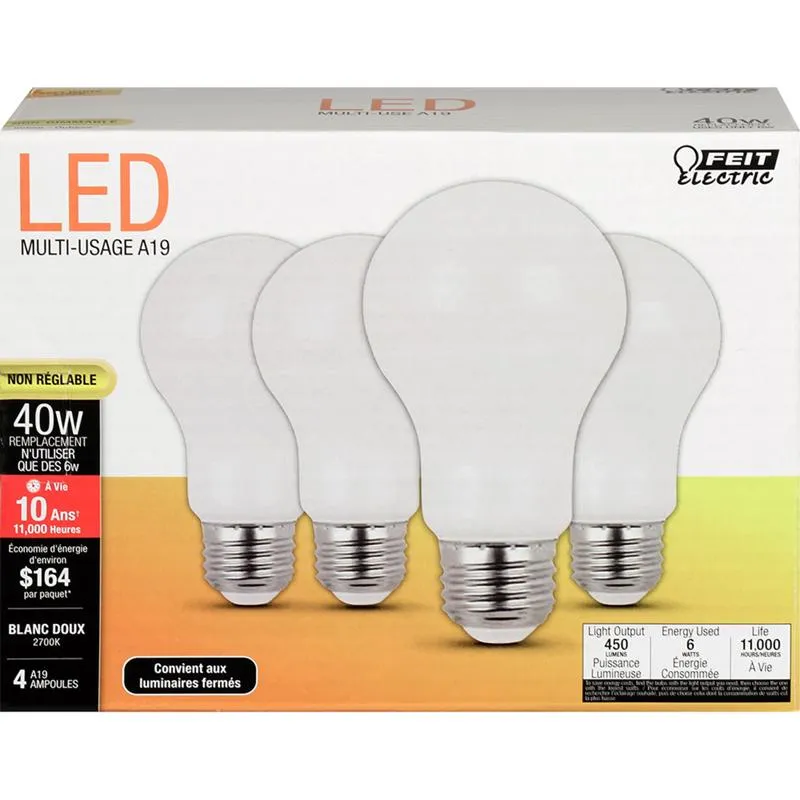 Feit LED A19 E26 (Medium) LED Bulb Soft White 40 Watt Equivalence 4 pk