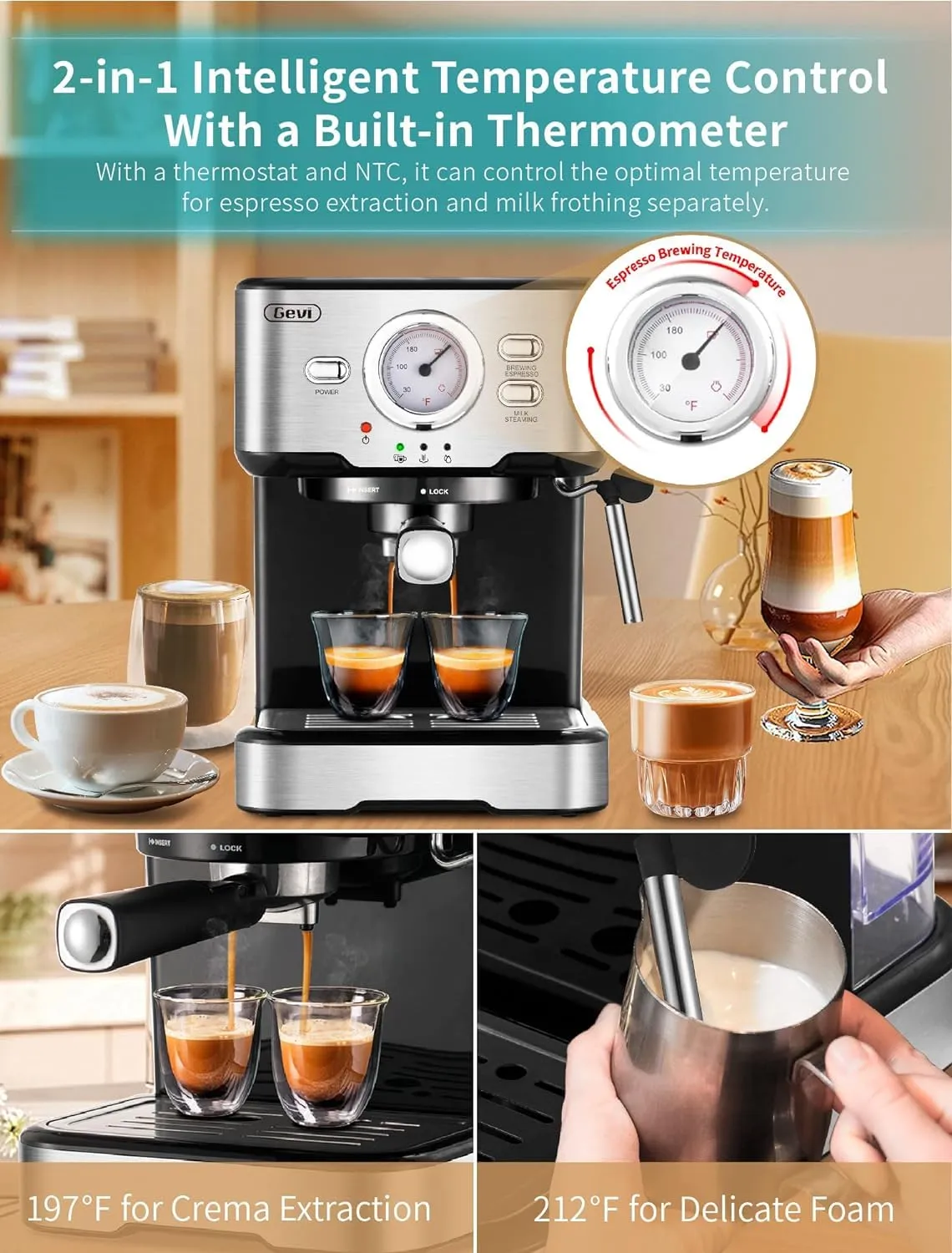 Gevi Espresso Machine 15 Bar Pump Coffee Maker Milk Frother 1.5l Water Tank