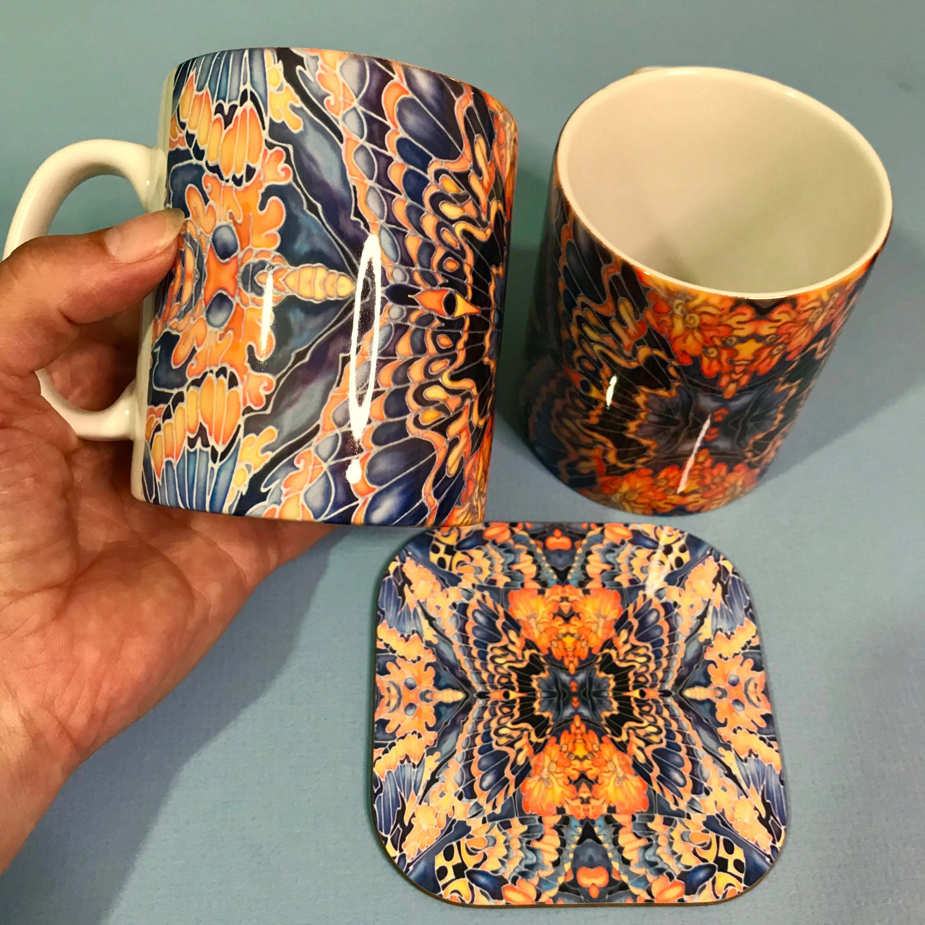 Gorgeous Orange Grey Blue Mug and Coaster box set only - Contemporary Mug Set - Grey Blue Orange Mug Gift