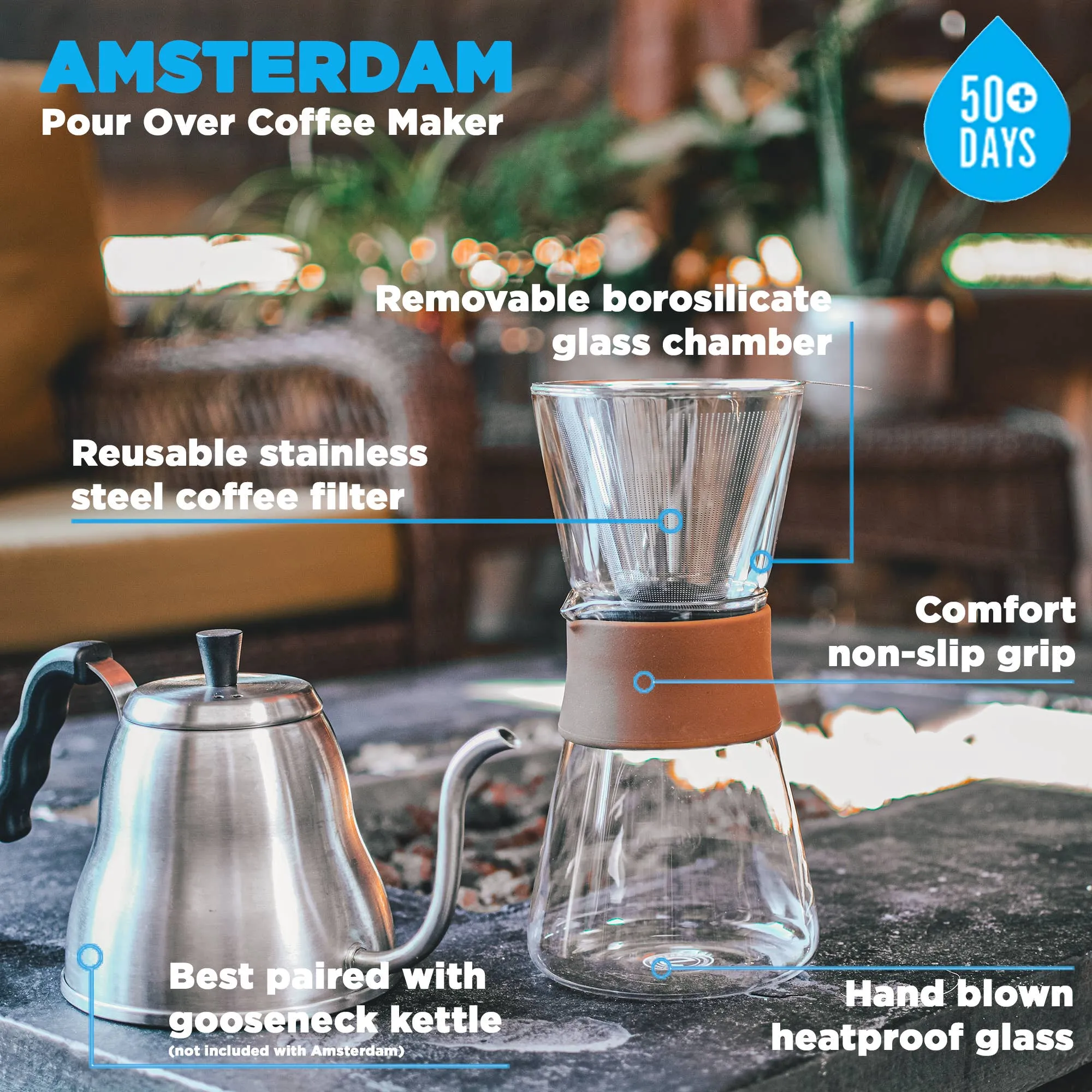 GROSCHE Amsterdam Pour Over Coffee Maker with Stainless Steel Filter