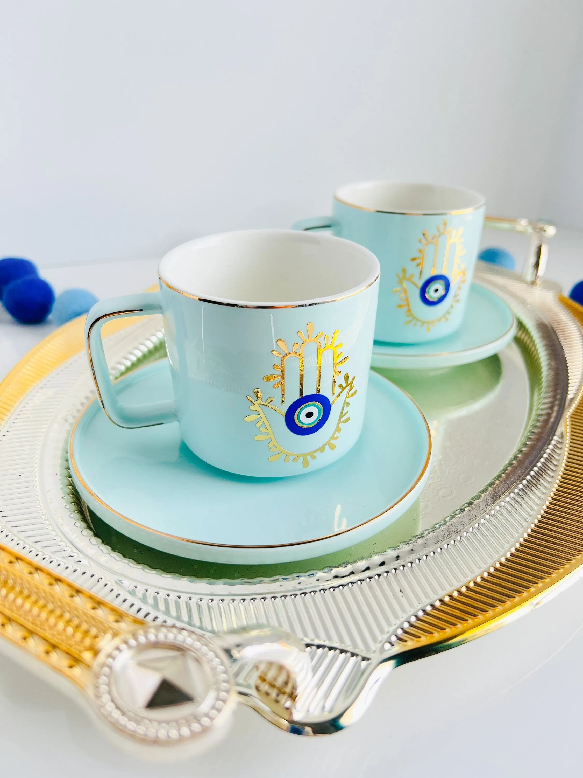 Hamsa Hand Espresso Cup and Saucer, Evil Eye Espresso Cup, Evil Eye Cup