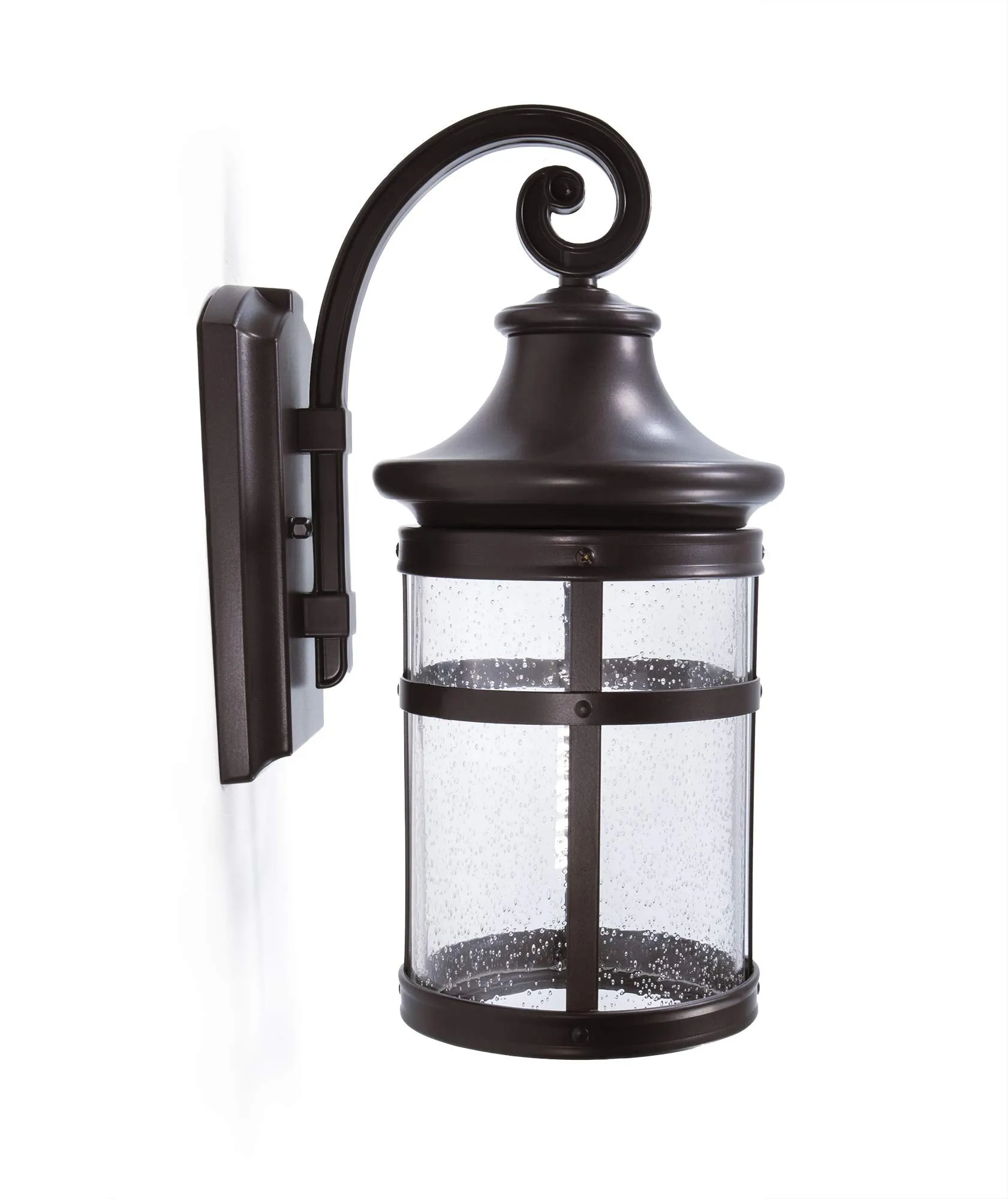 Integrated LED Round Wall Sconce Lantern, Wet Location, 1200 Lumens, 3K, Bronze Finish with Seedy Glass Lens