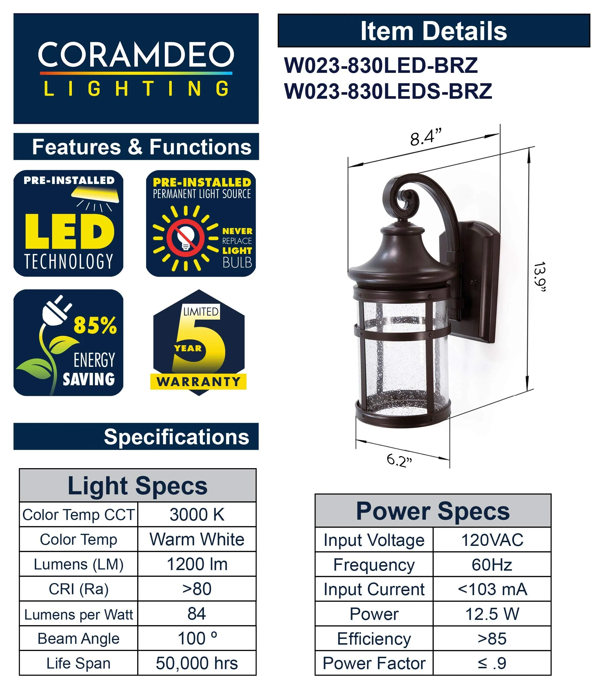 Integrated LED Round Wall Sconce Lantern, Wet Location, 1200 Lumens, 3K, Bronze Finish with Seedy Glass Lens