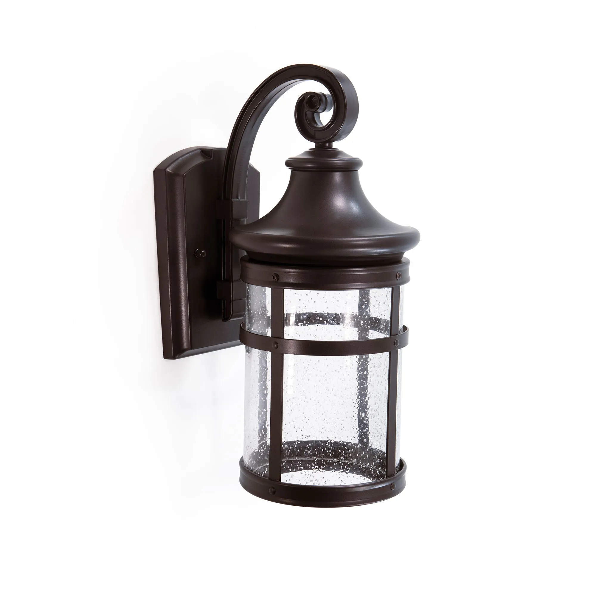 Integrated LED Round Wall Sconce Lantern, Wet Location, 1200 Lumens, 3K, Bronze Finish with Seedy Glass Lens