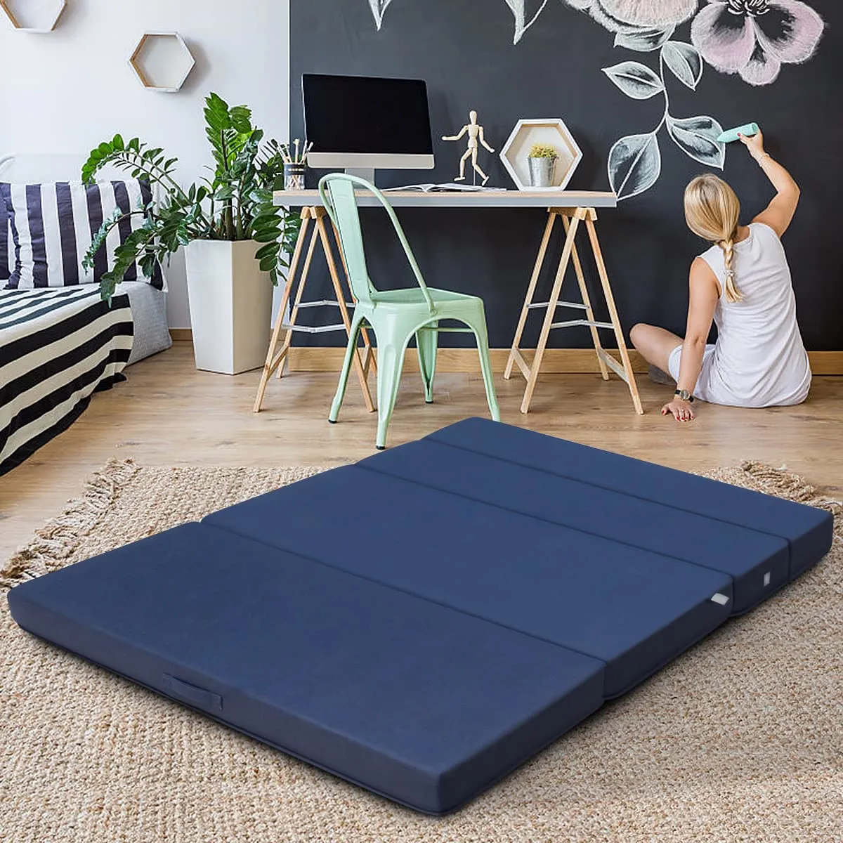 KOMFOTT 4 Inch Tri Folding Mattress, Foam Mattress with Carrying Handles and Removable Washable Fabric