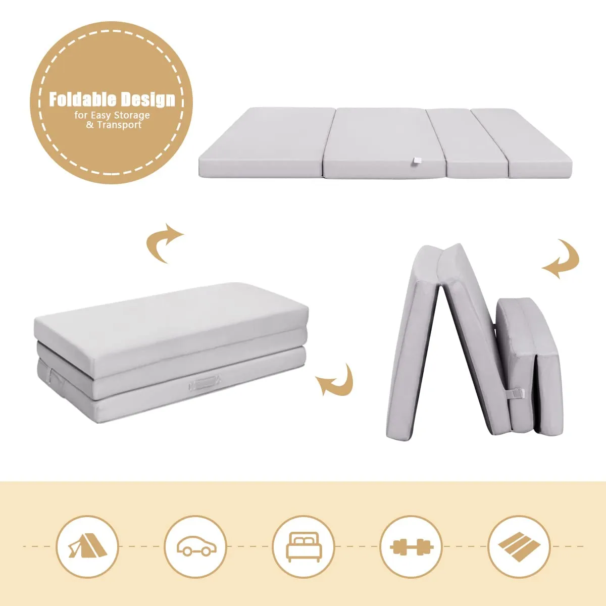 KOMFOTT 4 Inch Tri Folding Mattress, Foam Mattress with Carrying Handles and Removable Washable Fabric