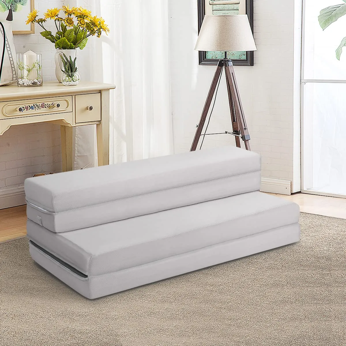 KOMFOTT 4 Inch Tri Folding Mattress, Foam Mattress with Carrying Handles and Removable Washable Fabric