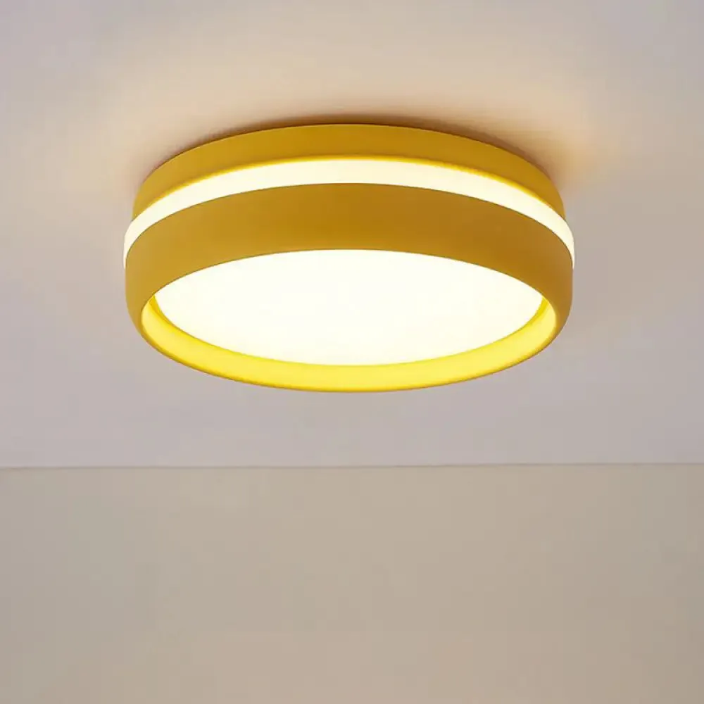 Metal Circular Flush Light Contemporary LED Ceiling Lamp in Pink/Yellow/Blue with Warm/White Light