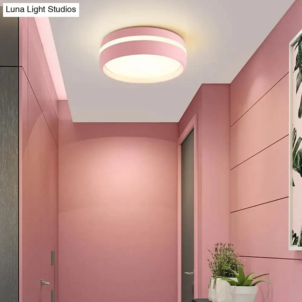 Metal Circular Flush Light Contemporary LED Ceiling Lamp in Pink/Yellow/Blue with Warm/White Light