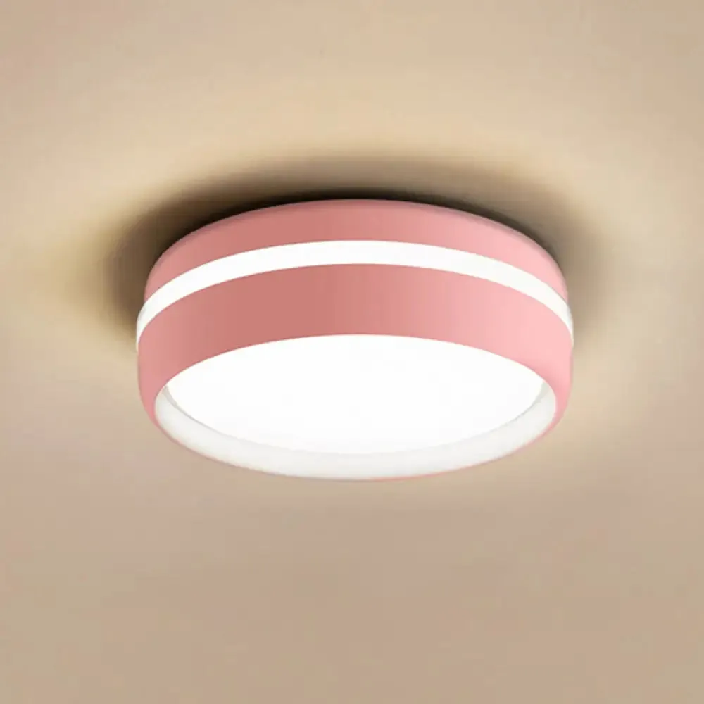 Metal Circular Flush Light Contemporary LED Ceiling Lamp in Pink/Yellow/Blue with Warm/White Light