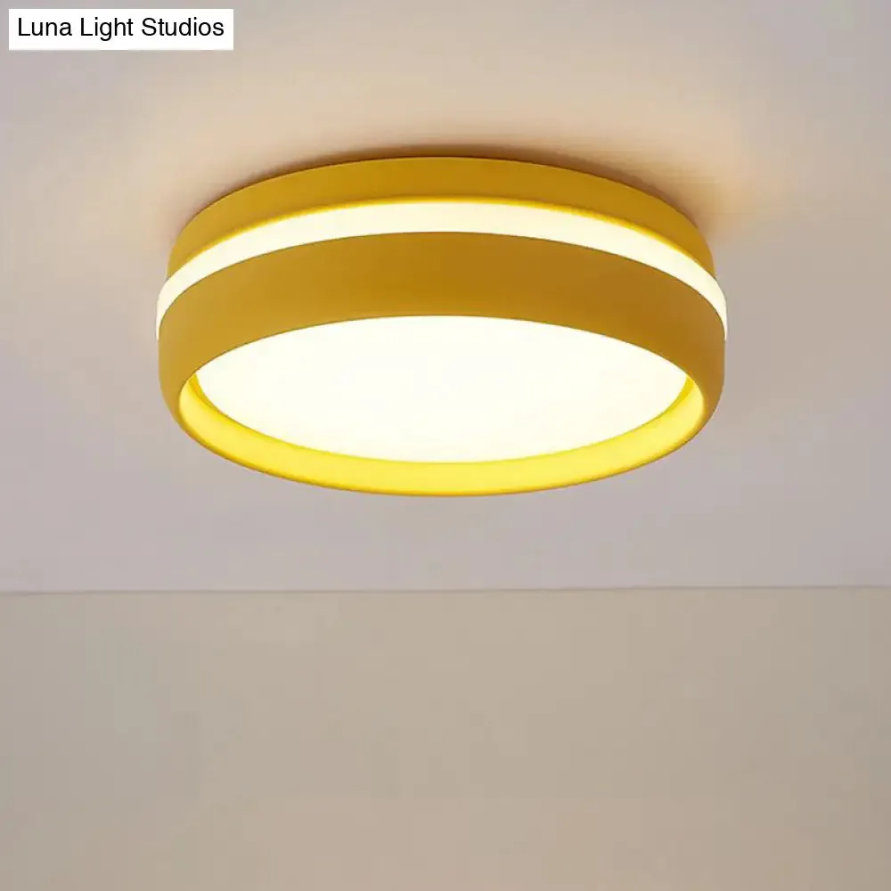 Metal Circular Flush Light Contemporary LED Ceiling Lamp in Pink/Yellow/Blue with Warm/White Light