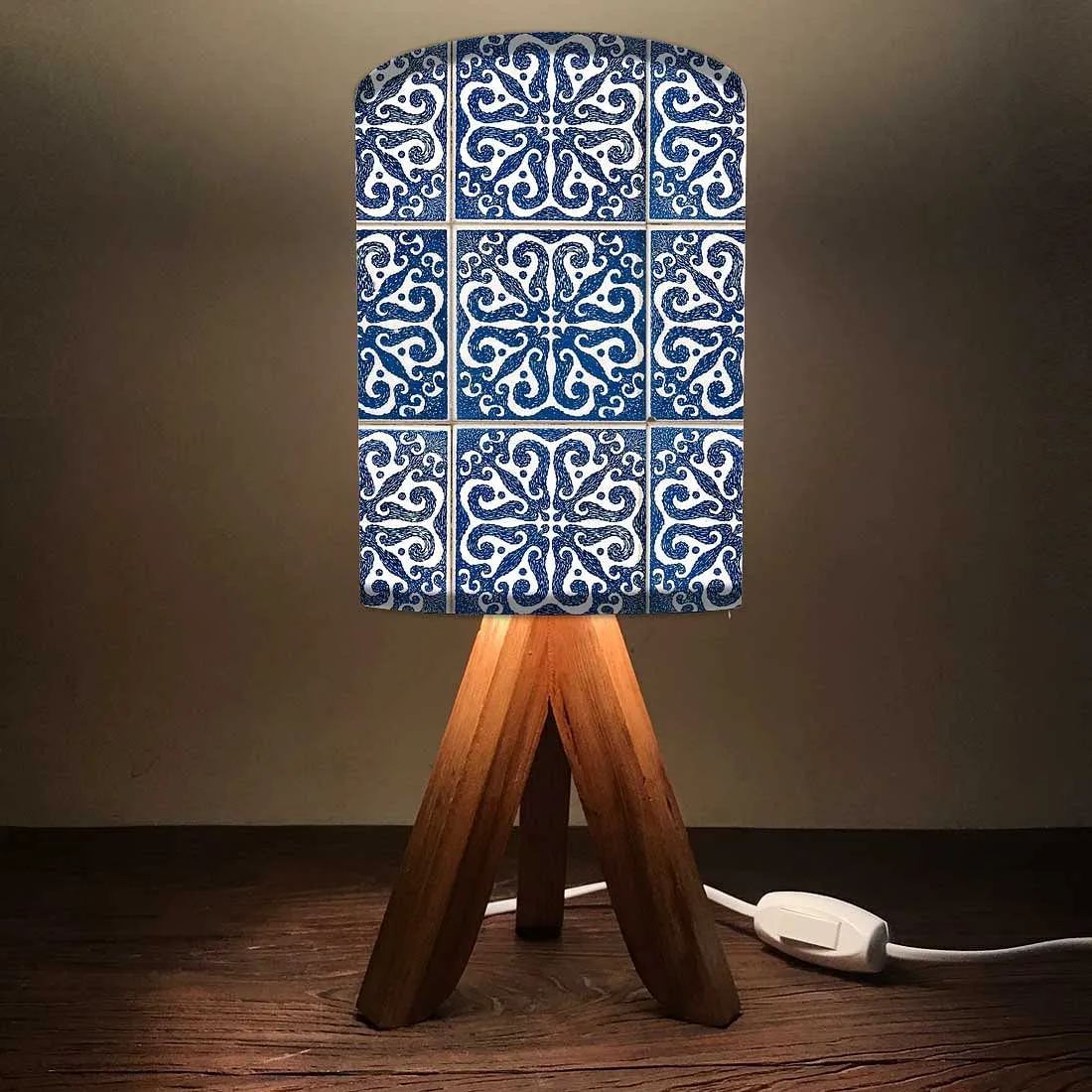 Mini Wooden Tripod Table Lamp for Bedroom Living Room-Spanish Tiles Blue