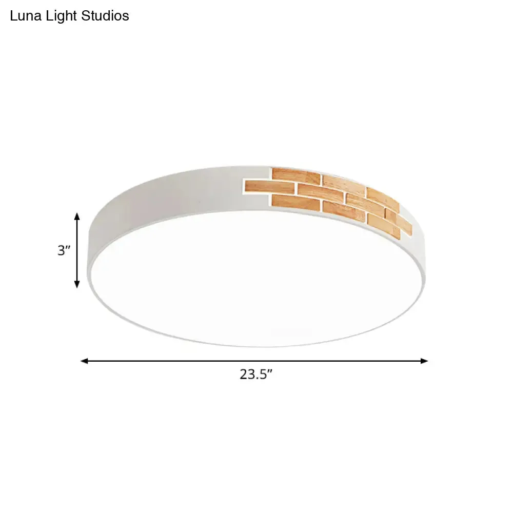 Minimalist LED Ceiling Light Fixture in White & Wood, Flush Mount, Choice of 16", 19.5", or 23.5" Dia